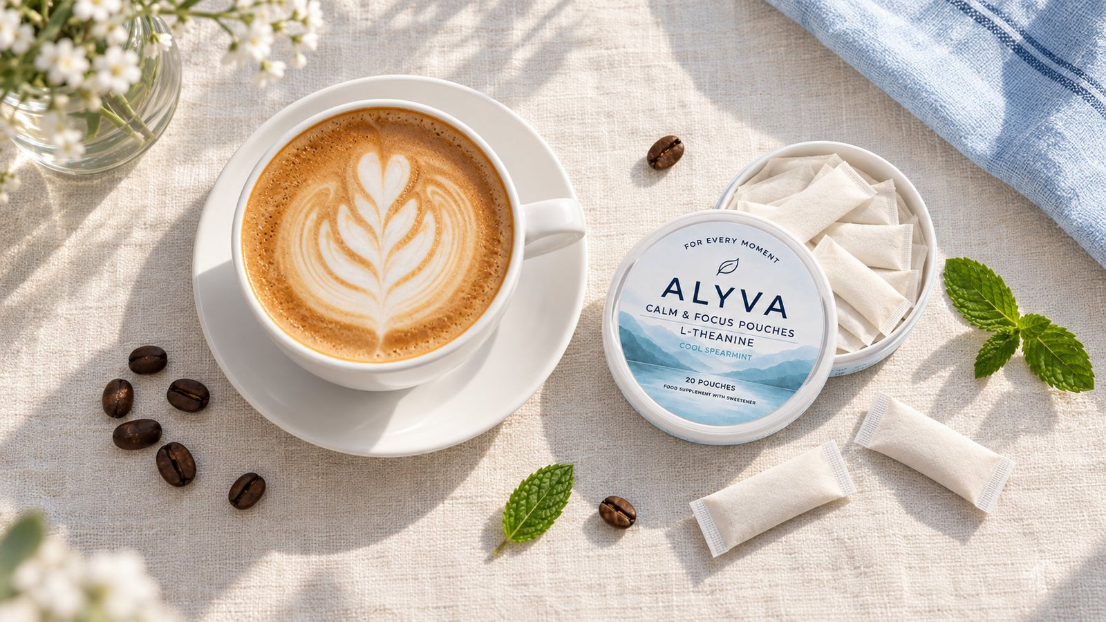A flat white coffee and an open tin of ALYVA L-Theanine pouches on a linen tablecloth