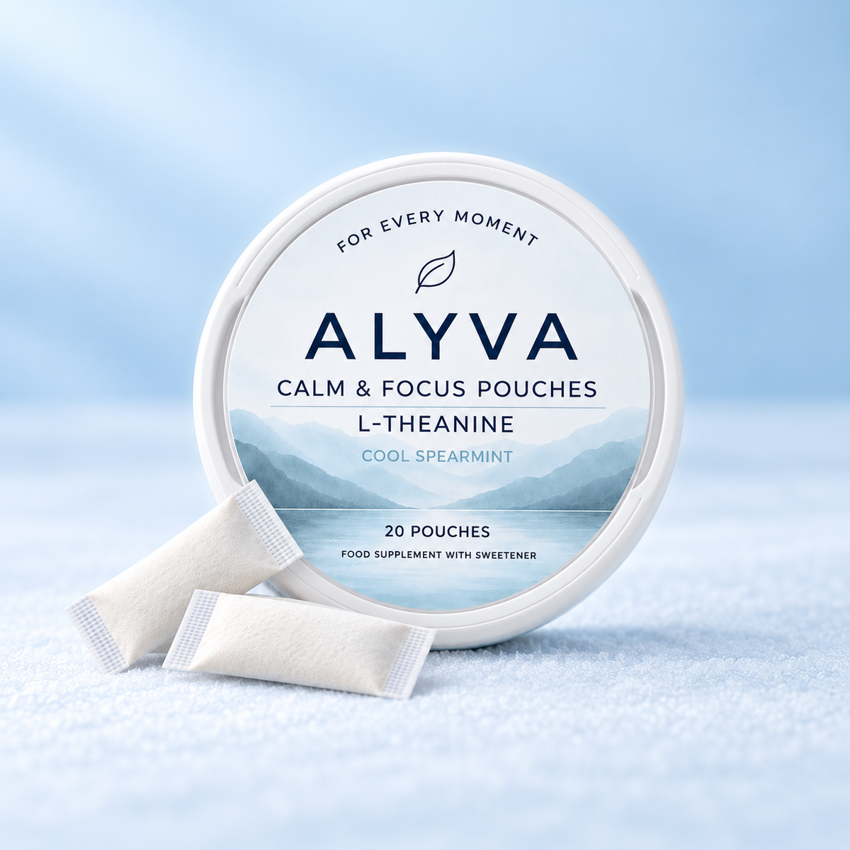 ALYVA Cool Spearmint L-Theanine pouches tin with two pouches on a misty pale blue background
