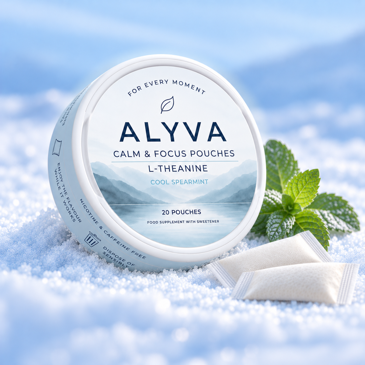 ALYVA Cool Spearmint L-Theanine pouch tin beside fresh spearmint leaves and two pouches