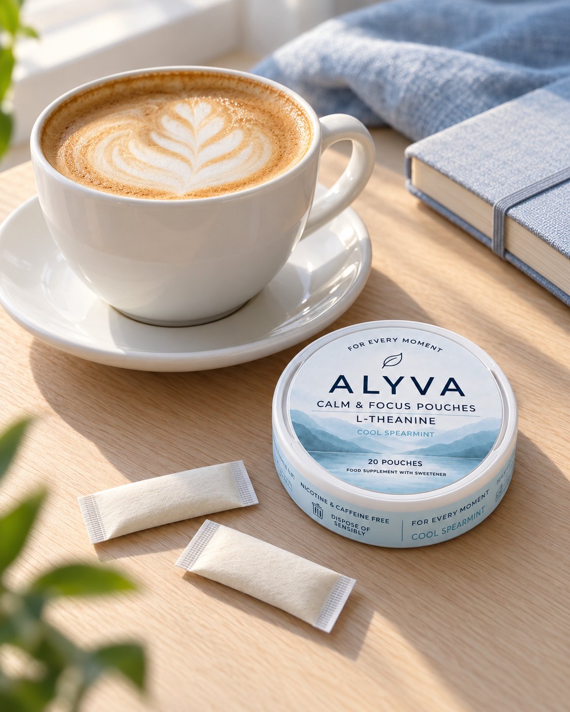 A flat white coffee beside a tin of ALYVA Cool Spearmint L-Theanine pouches on a sunlit desk