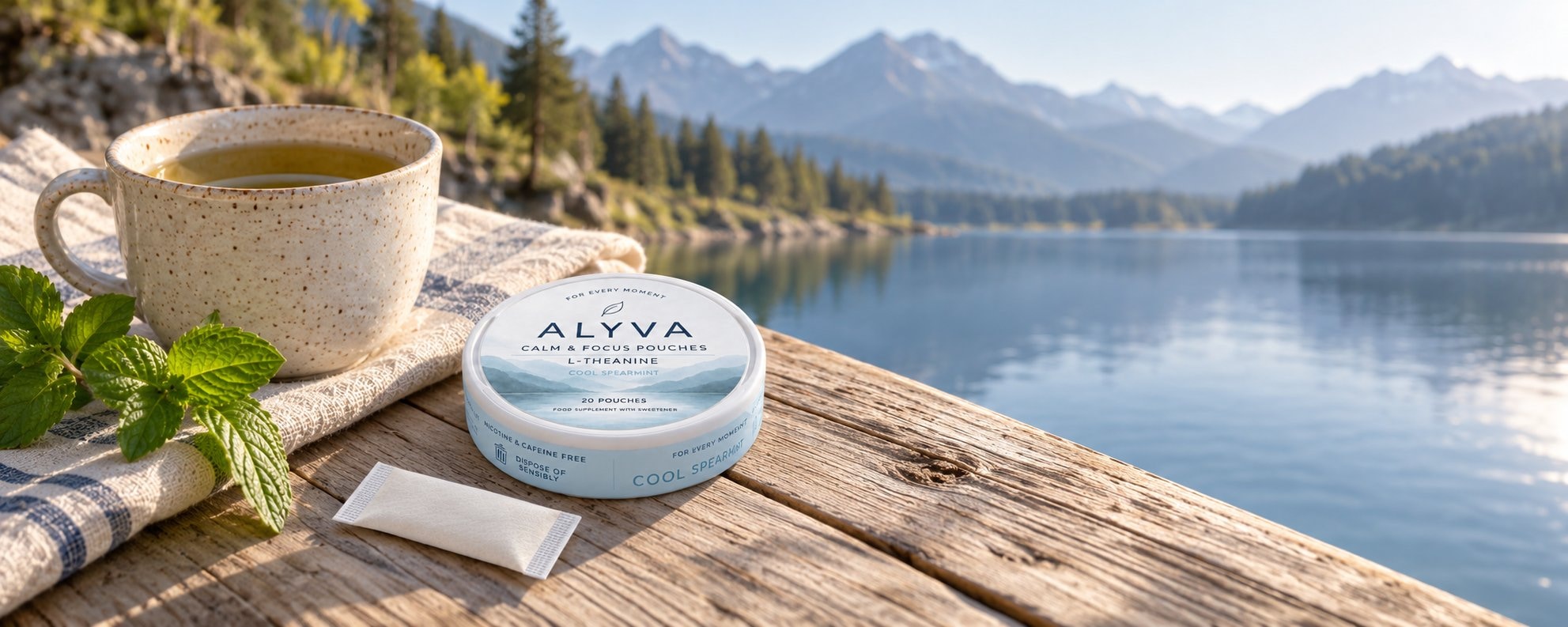 A tin of ALYVA Cool Spearmint pouches on a wooden table beside a cup of tea, overlooking a calm mountain lake