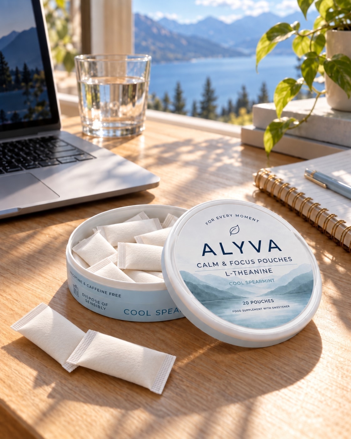 ALYVA pouches on a sunlit desk beside a laptop and notebook